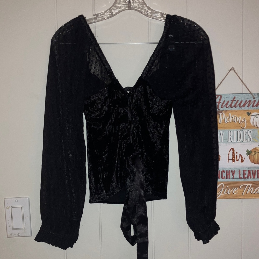 Porridge black velvet lace crop peplum top